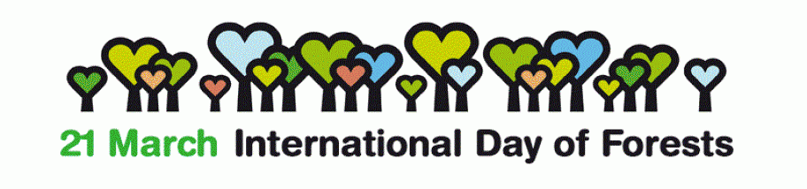 21st March International Day of Forests poster - there are lots of love arts in different sizes on top of tree trunks to display that we should love our trees.
