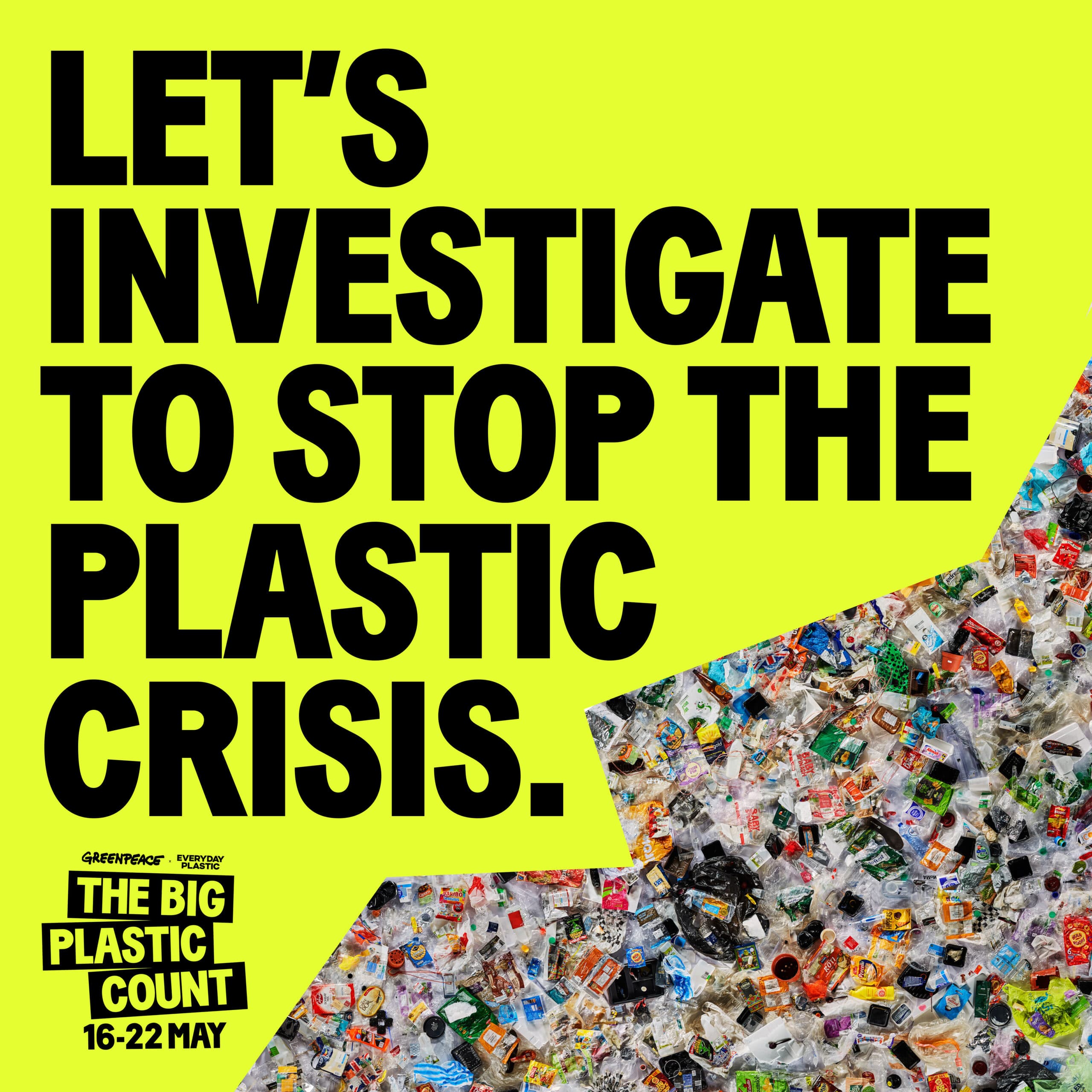 A poster with a yellow background and black writing laid over the top which reads 'let's investigate to stop the plastic crisis.' with an image of lots of plastic bottles in the bottom right.