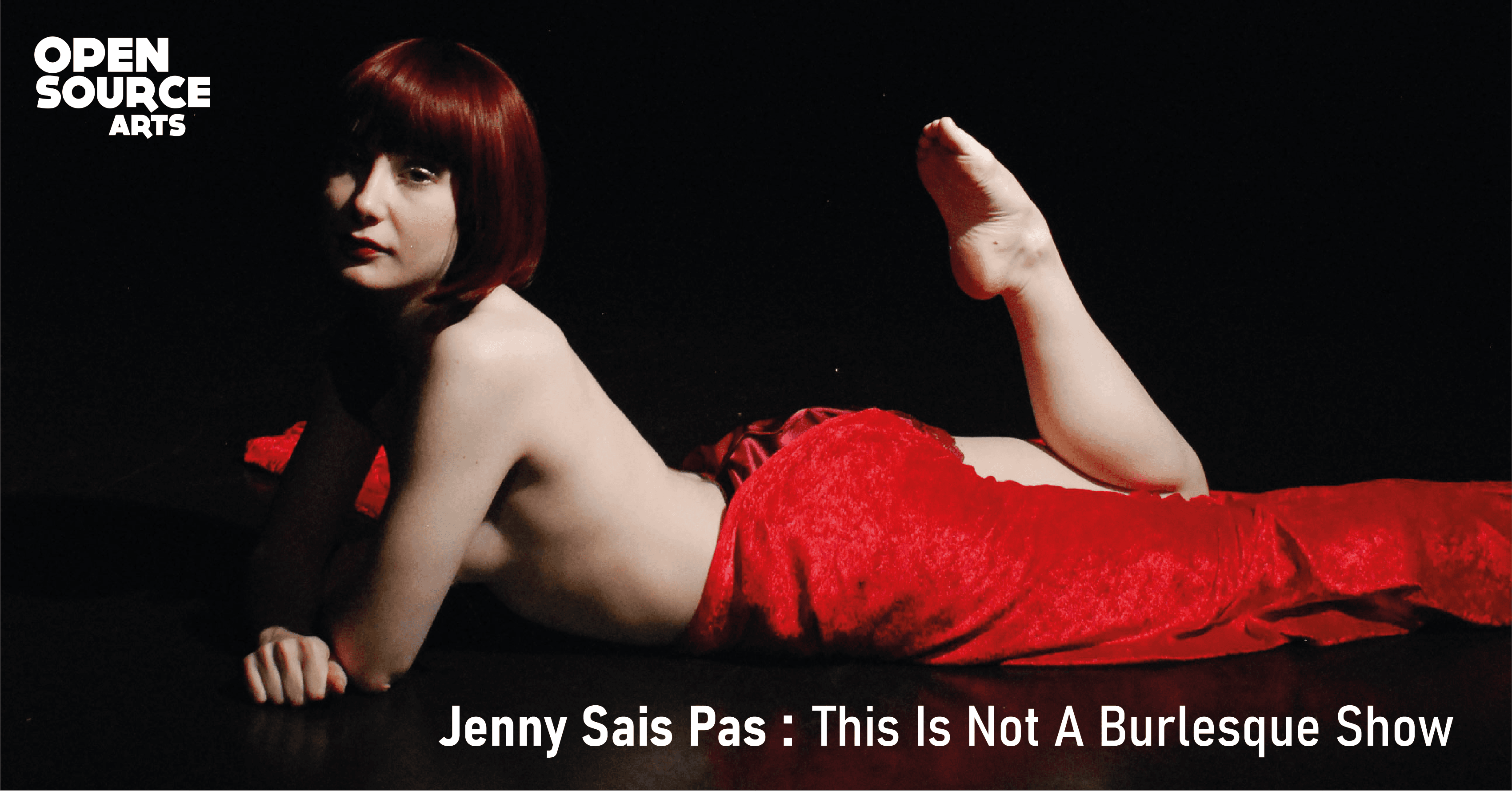 Poster for Jenny Sais Pas: This Is Not A Burlesque Show, the performer lying on red fabric.