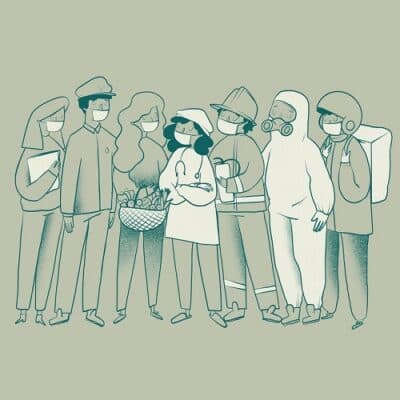An illustration of a line of people in face masks, among them a nurse, a firefighter and a delivery worker.