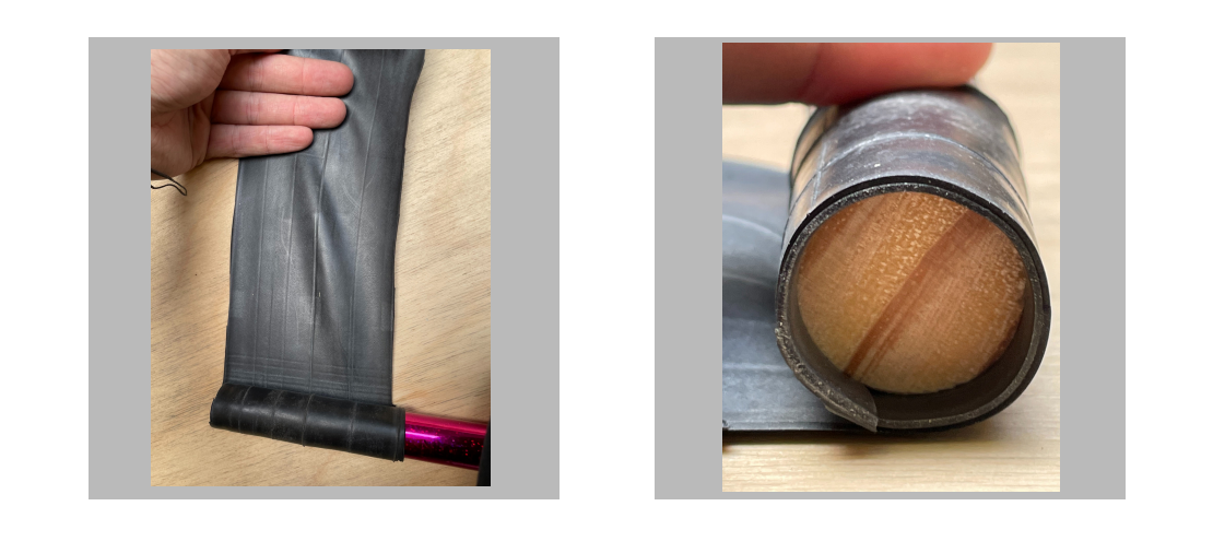 Two images of rolling the black inner tube around a wooden pole to create a circus staff.