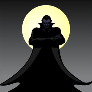 A cloaked figure is visible as a silhouette in front of the full moon.