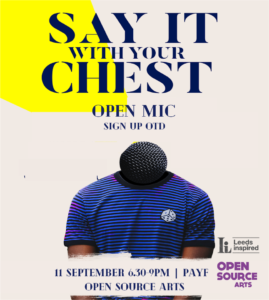 A person with a microphone as a head from the chest up