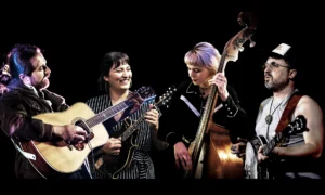 Members of Old Baby Mackerel play guitar, mandolin, double bass and banjo.