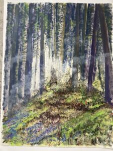 layered painting by artist Alison Revell, a scene from inside a forest. Light in the background breaking through the shaded trees.