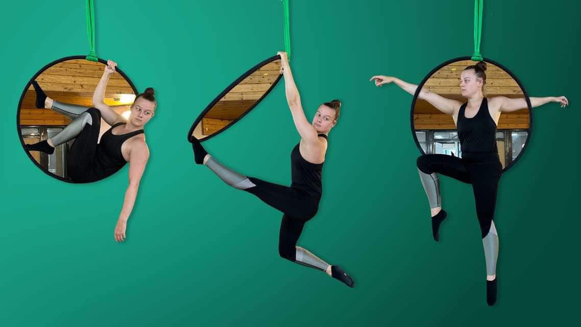 Rebecca performing suspended poses in a circular aerial hoop against a green background.