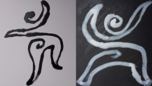 Two abstract spiral line drawings resembling dancing figures, one black on white and one white on black.