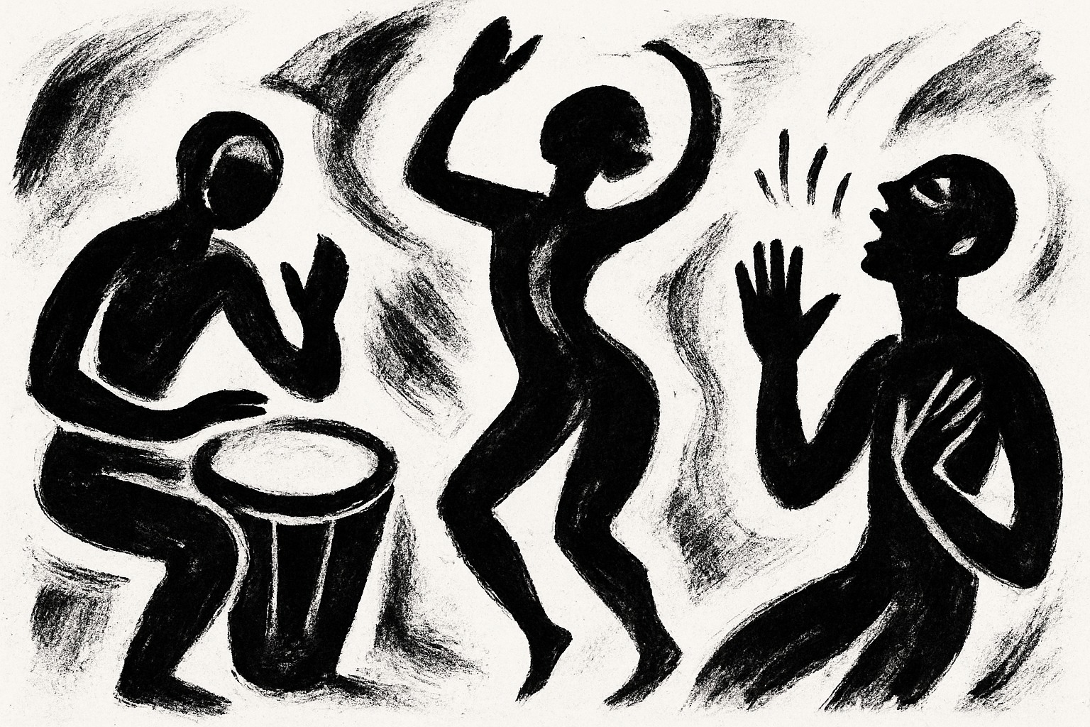 Black and white artwork of three figures drumming, dancing, and singing.